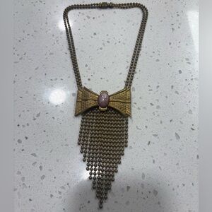 Vintage Gold and Pink Bow Pendant Necklace with Beaded Fringe